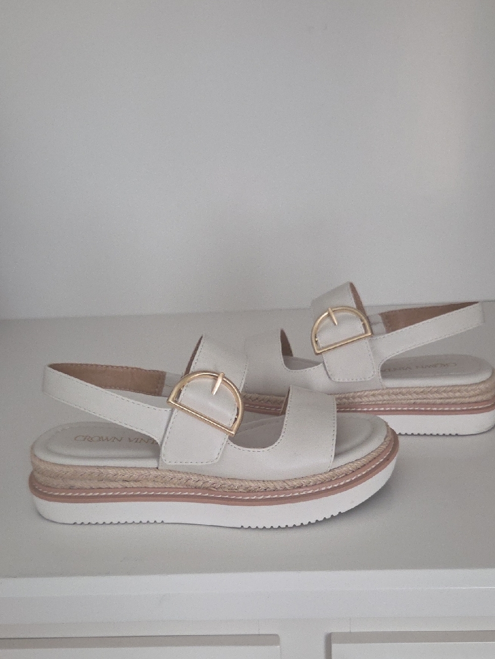 Crown Vintage Cream Platform Sandals with Gold Buckle